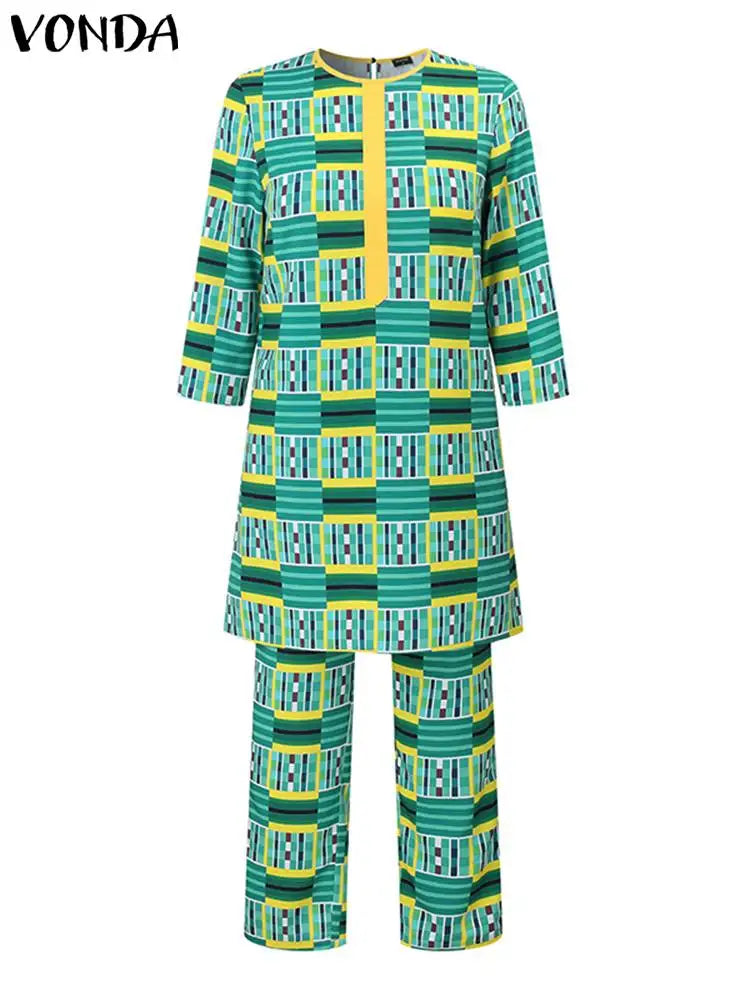Plus Size VONDA Bohemian Printed Matching Sets Women