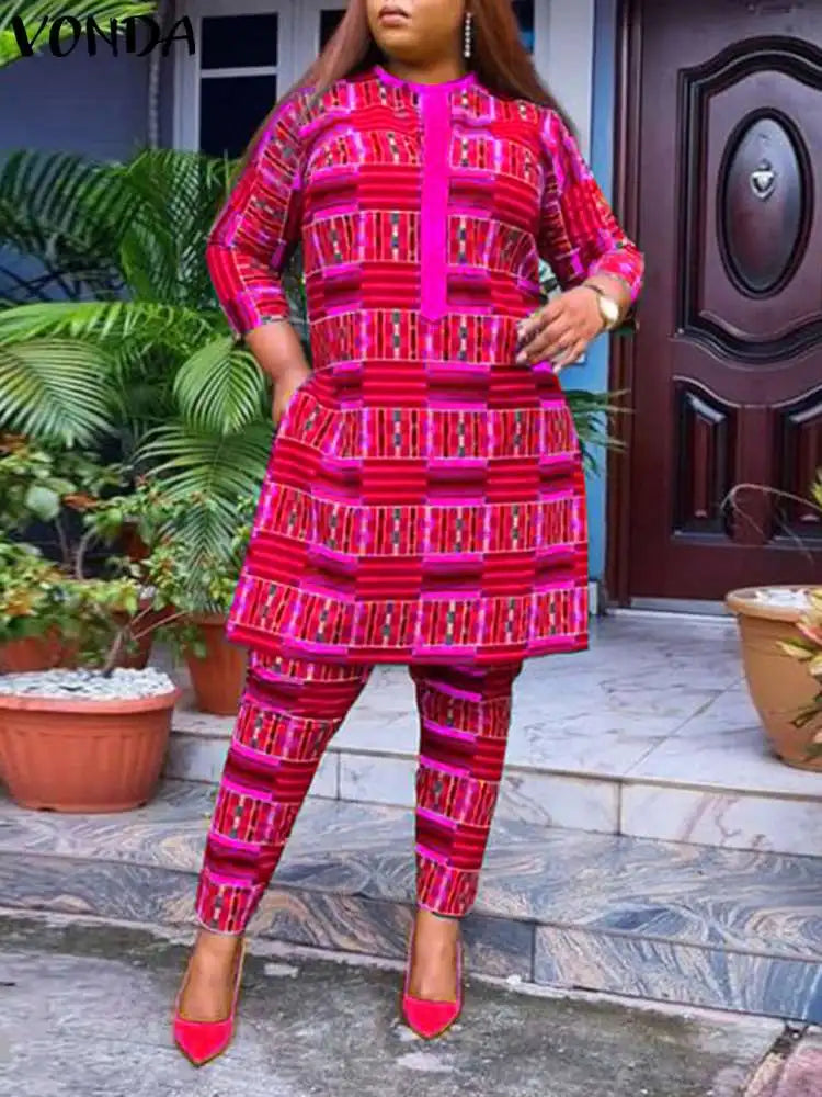 Plus Size VONDA Bohemian Printed Matching Sets Women