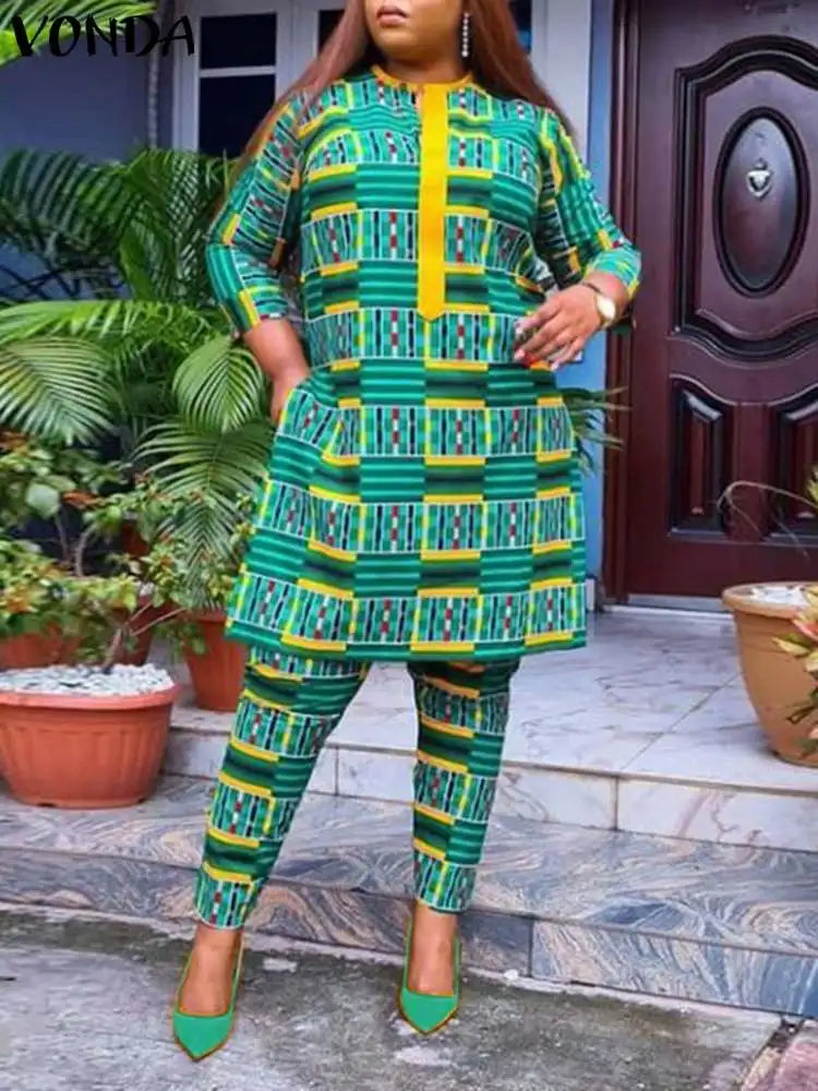 Plus Size VONDA Bohemian Printed Matching Sets Women