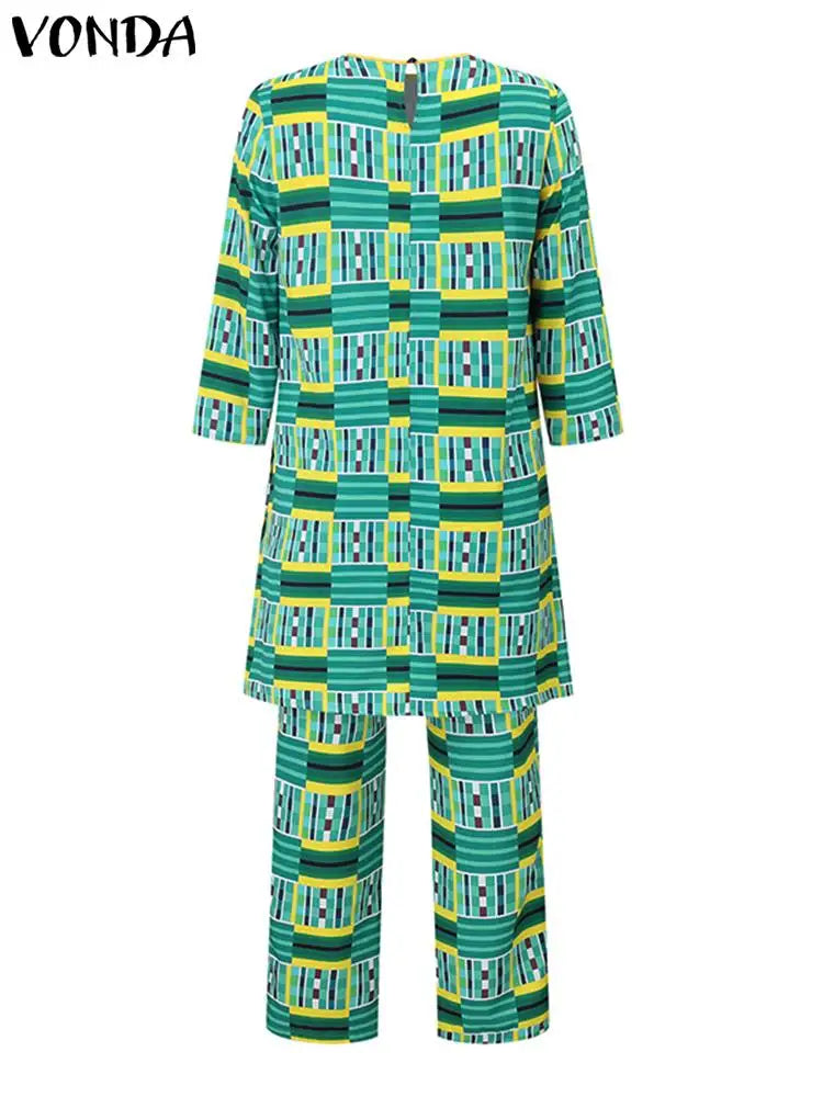 Plus Size VONDA Bohemian Printed Matching Sets Women