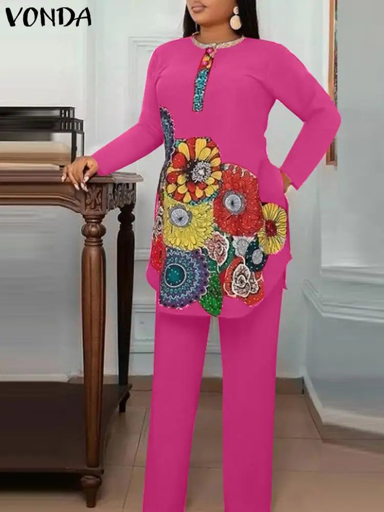 Plus Size VONDA Women Pant Sets Autumn Vintage