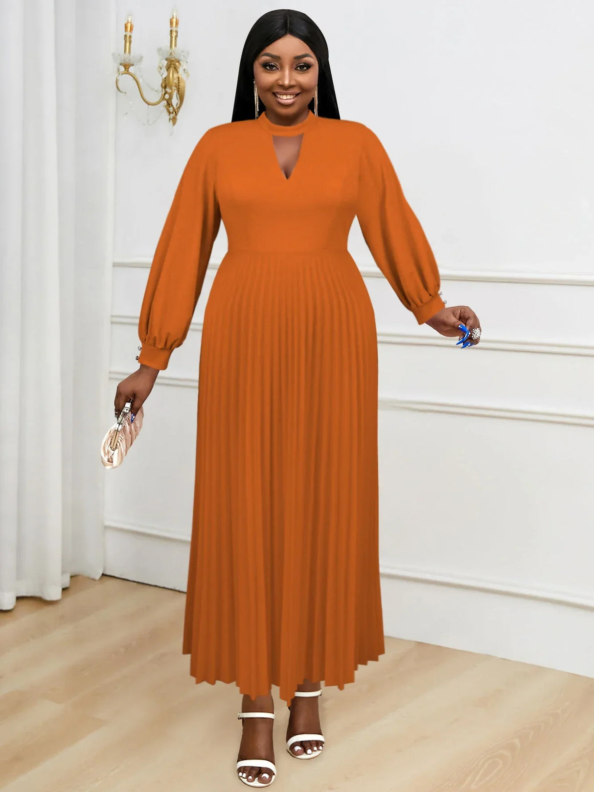 Plus Size Women Brown Maxi Pleated Party Dress