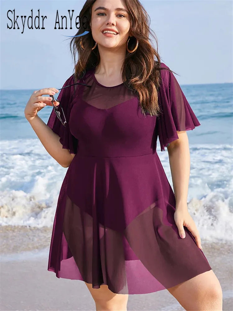 Plus Size Womens Swimwear Solid Mesh Patchwork Ruffle