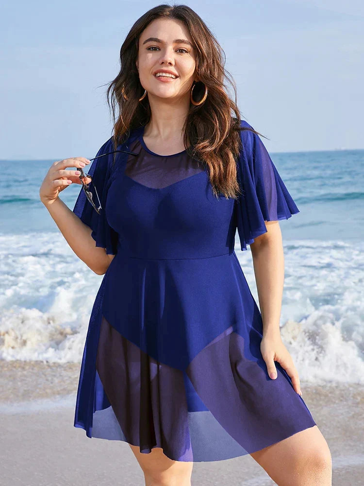 Plus Size Womens Swimwear Solid Mesh Patchwork Ruffle