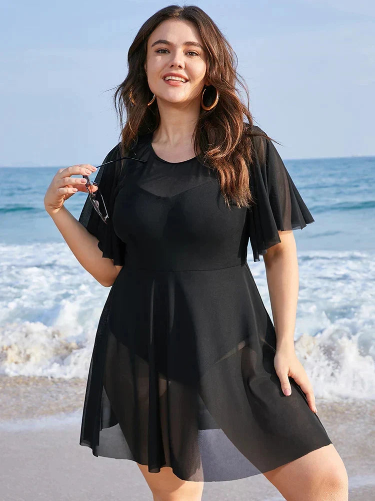 Plus Size Womens Swimwear Solid Mesh Patchwork Ruffle