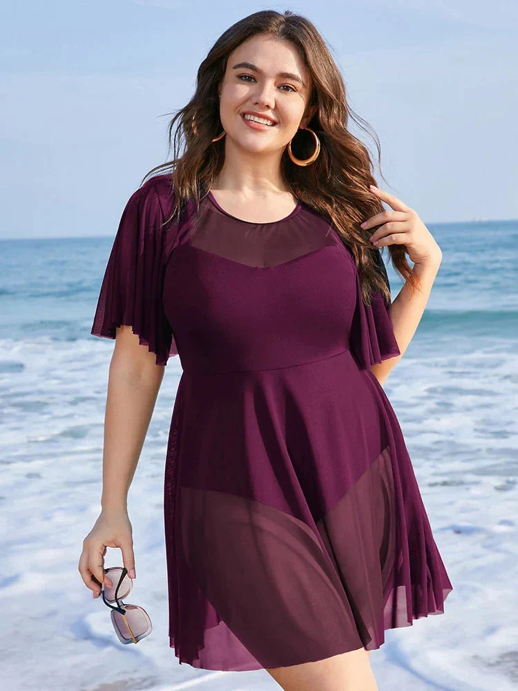 Plus Size Womens Swimwear Solid Mesh Patchwork Ruffle