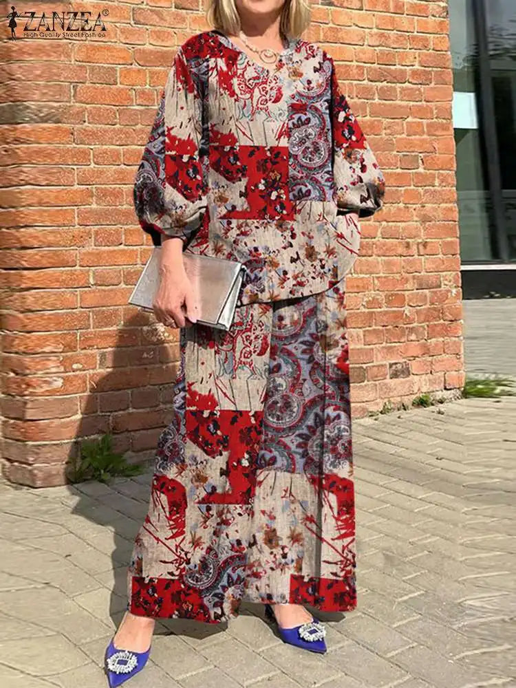 Plus Size ZANZEA Bohemian Matching Sets Casual Printed