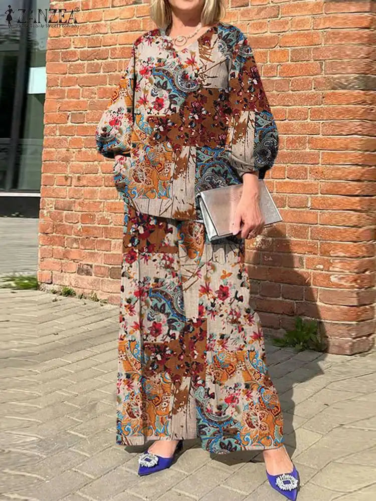Plus Size ZANZEA Bohemian Matching Sets Casual Printed