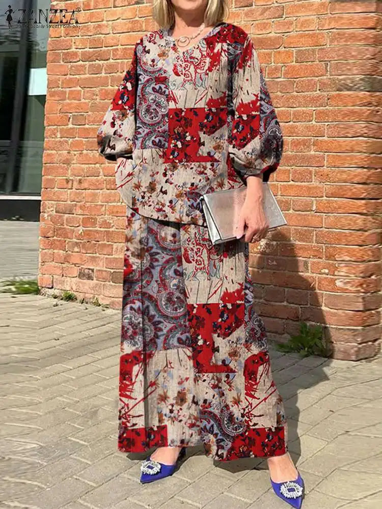 Plus Size ZANZEA Bohemian Matching Sets Casual Printed