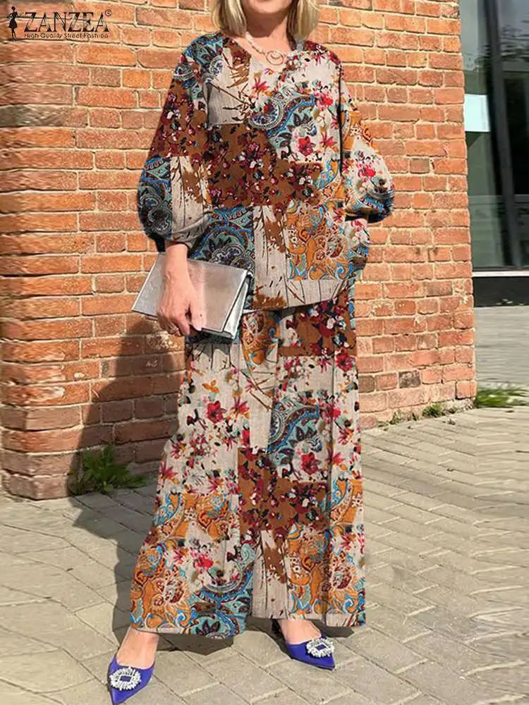 Plus Size ZANZEA Bohemian Matching Sets Casual Printed