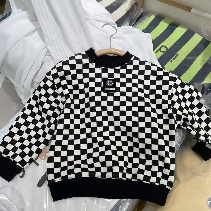 Plush Thickened Warm Boys' Checkerboard Sweatshirts O-neck Pullover