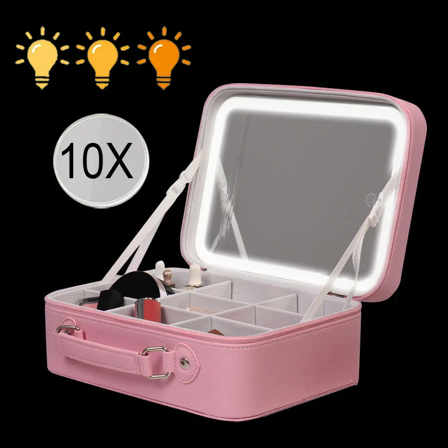 Portable LED Lighted Makeup Mirror Bag Big Aesthetic Travel Cosmetic Case PU Leather Make Up Tools Vanity Accessories For Women