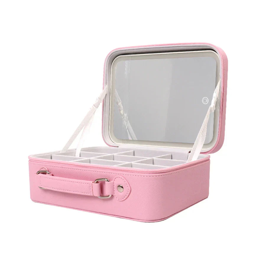 Portable LED Lighted Makeup Mirror Bag Big Aesthetic Travel Cosmetic Case PU Leather Make Up Tools Vanity Accessories For Women