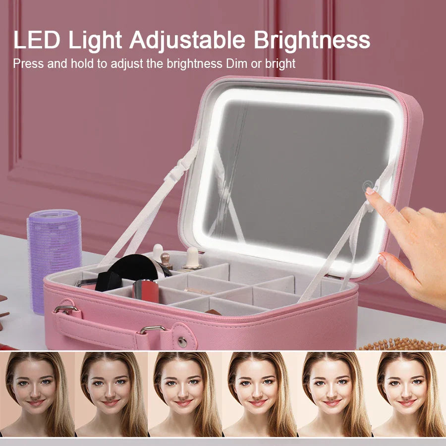 Portable LED Lighted Makeup Mirror Bag Big Aesthetic Travel Cosmetic Case PU Leather Make Up Tools Vanity Accessories For Women