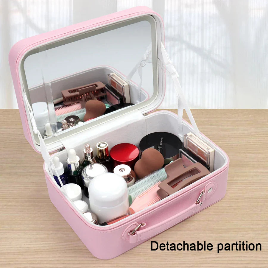 Portable LED Lighted Makeup Mirror Bag Big Aesthetic Travel Cosmetic Case PU Leather Make Up Tools Vanity Accessories For Women