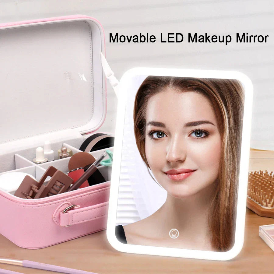Portable LED Lighted Makeup Mirror Bag Big Aesthetic Travel Cosmetic Case PU Leather Make Up Tools Vanity Accessories For Women