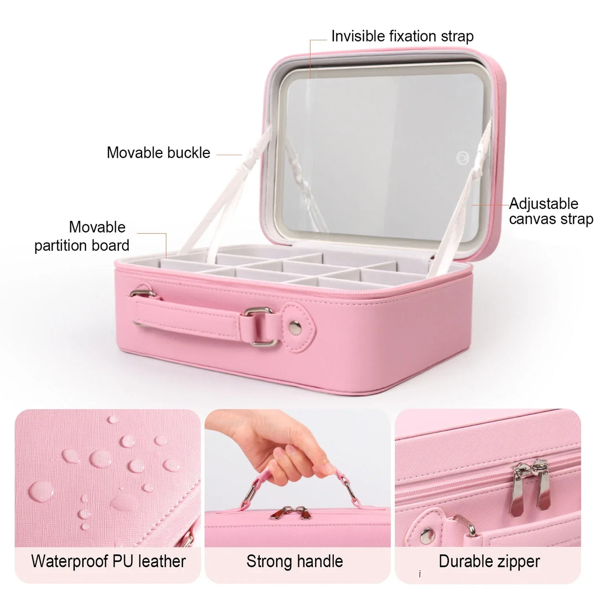 Portable LED Lighted Makeup Mirror Bag Big Aesthetic Travel Cosmetic Case PU Leather Make Up Tools Vanity Accessories For Women
