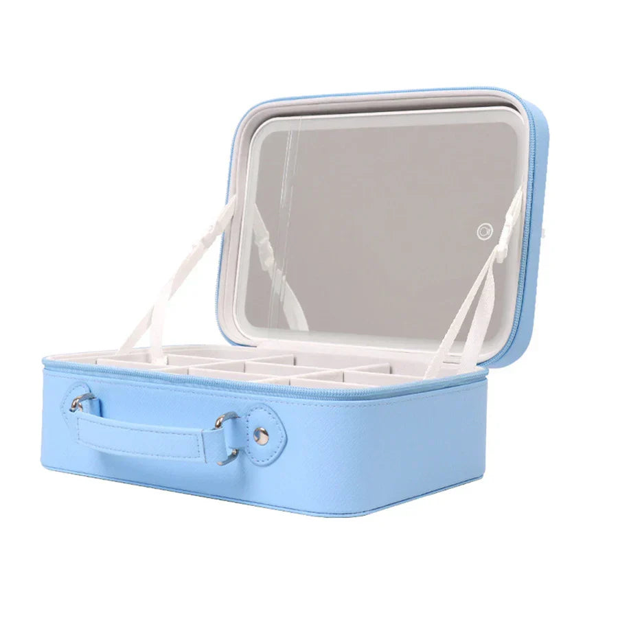 Portable LED Lighted Makeup Mirror Bag Big Aesthetic Travel Cosmetic Case PU Leather Make Up Tools Vanity Accessories For Women