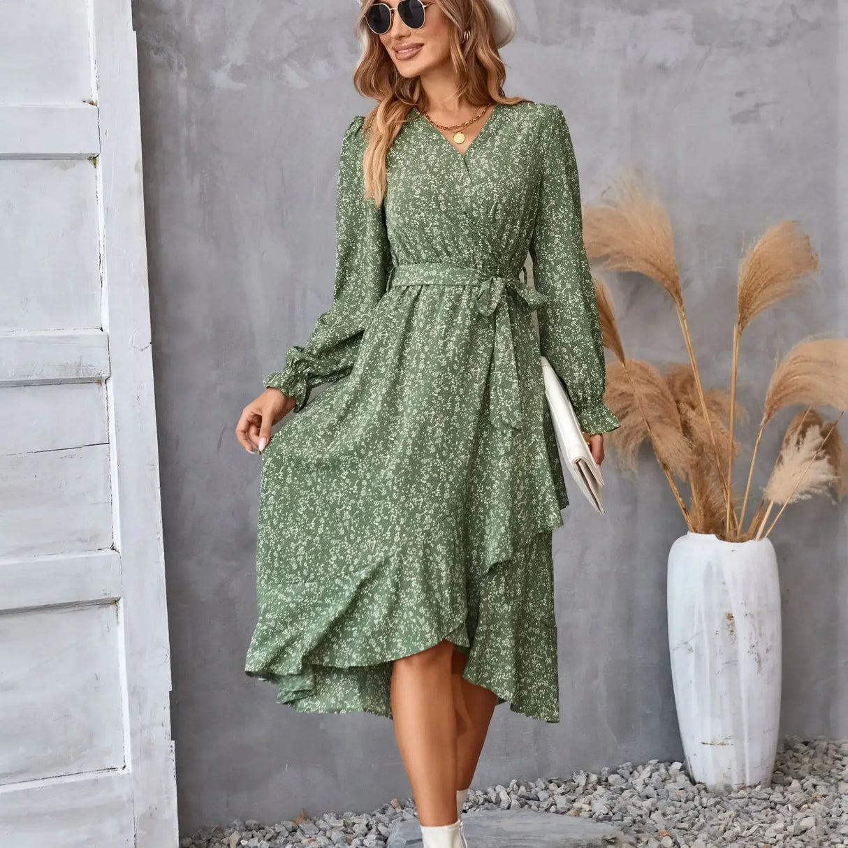 Printed autumn and winter longsleeved dresses commuter temperament