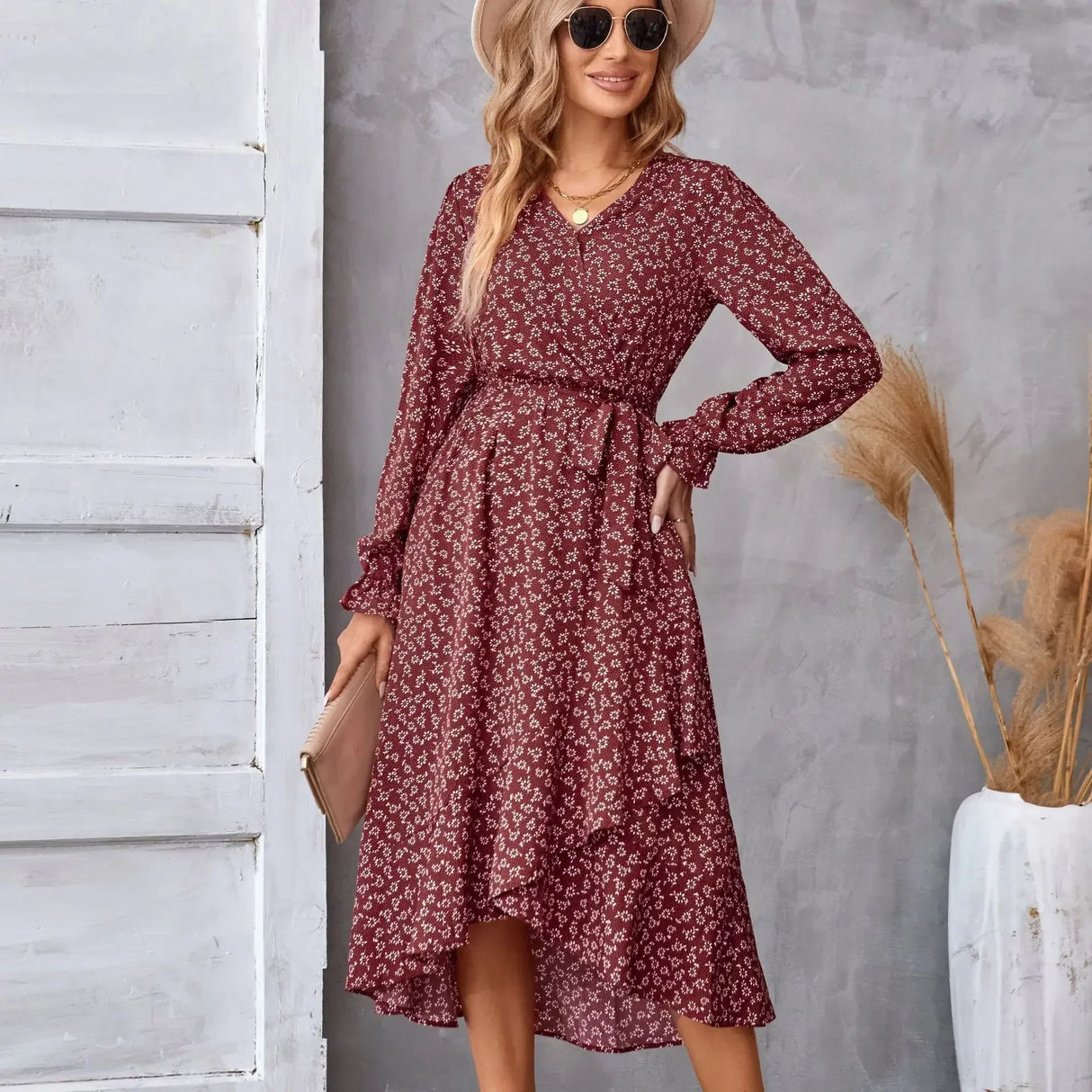 Printed autumn and winter longsleeved dresses commuter temperament