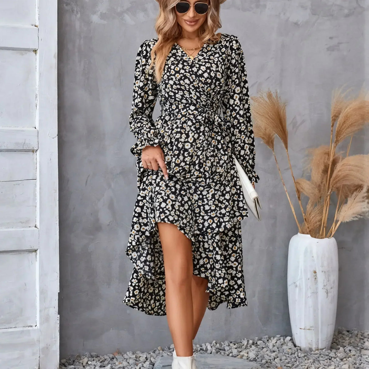 Printed autumn and winter longsleeved dresses commuter temperament