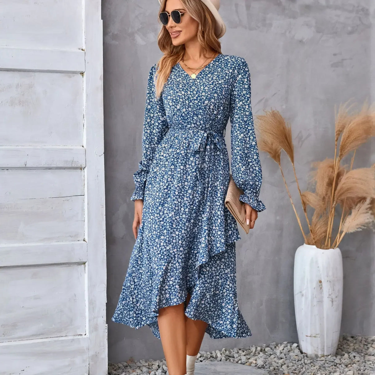 Printed autumn and winter longsleeved dresses commuter temperament