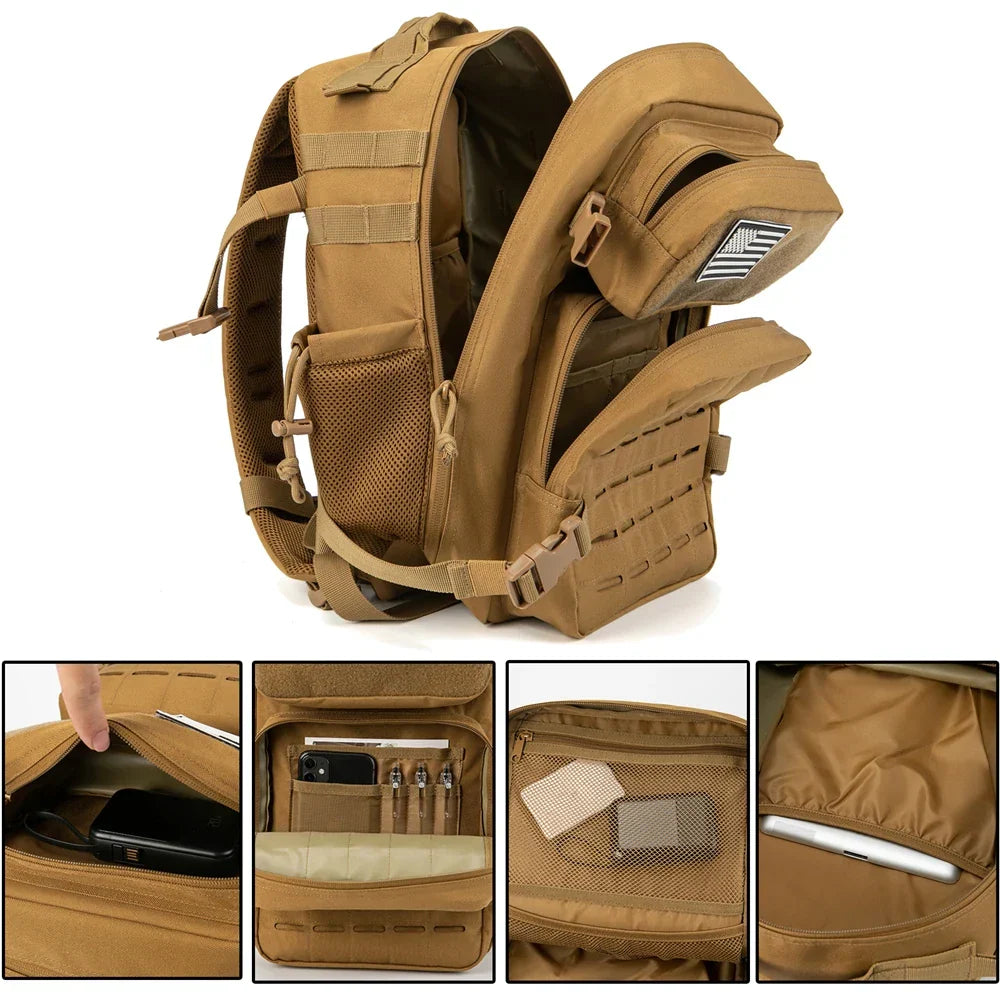 QT&QY 25L Military Tactical Backpacks for Men Army Laser Cut Molle Daypack Small Bug Out Bag Gym Rucksack with Dual Cup Holders