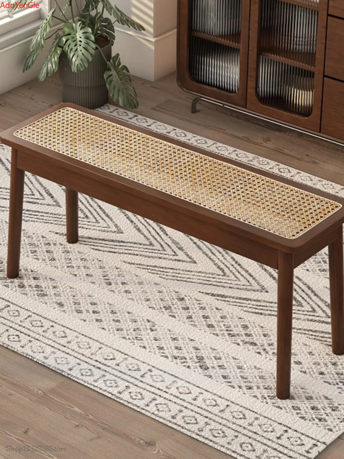Rattan Bench long Chair Household Solid Wood Dining