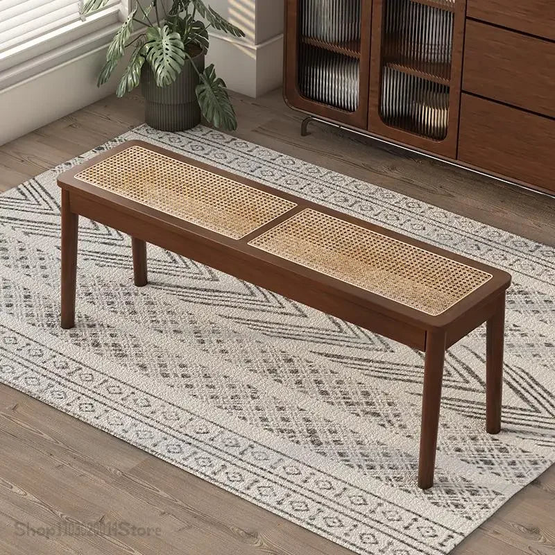 Rattan Bench long Chair Household Solid Wood Dining
