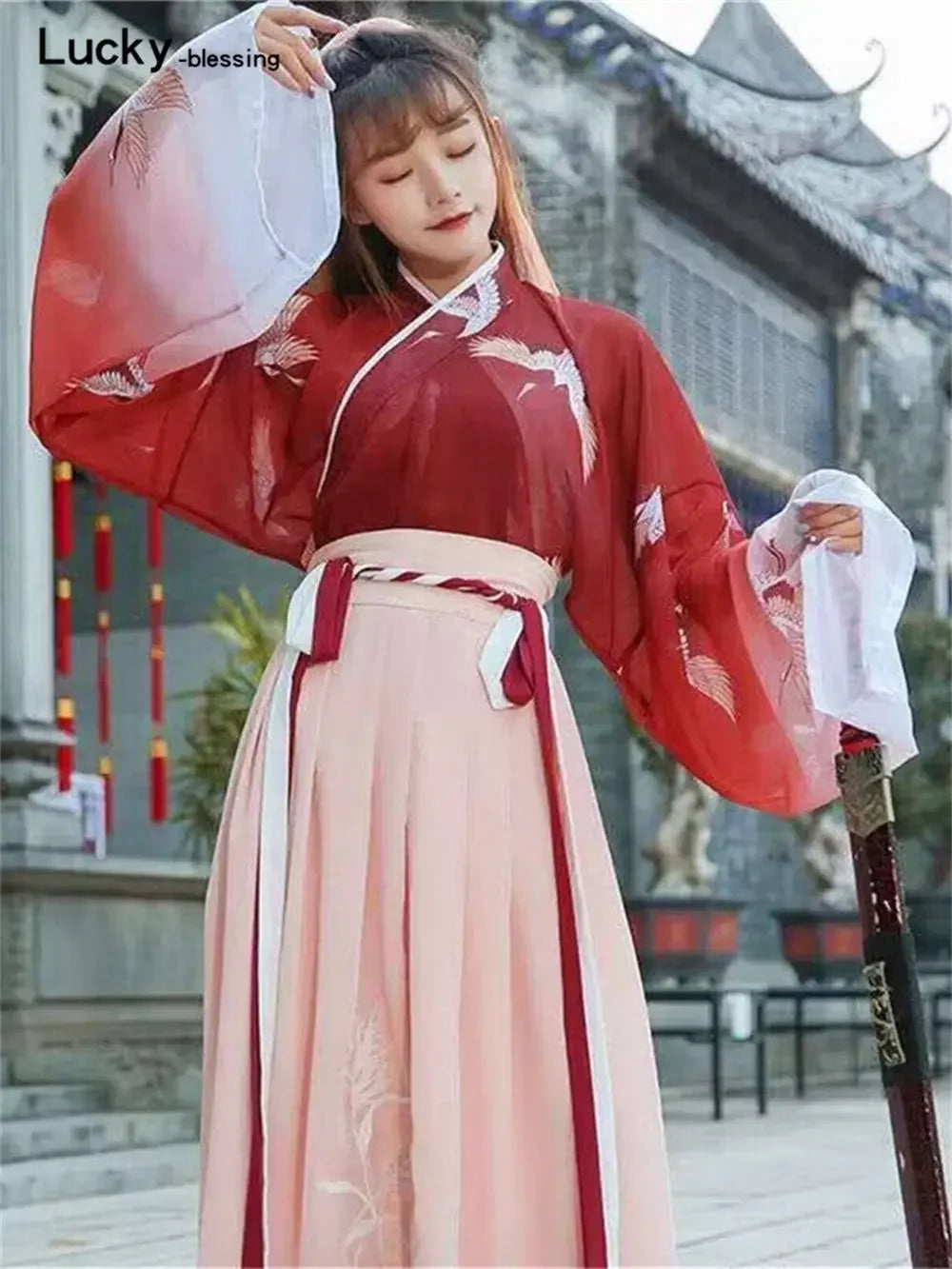 Retro Chinese Style Red Vestido Hanfu Dress Asian