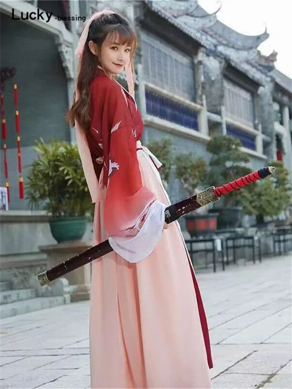 Retro Chinese Style Red Vestido Hanfu Dress Asian