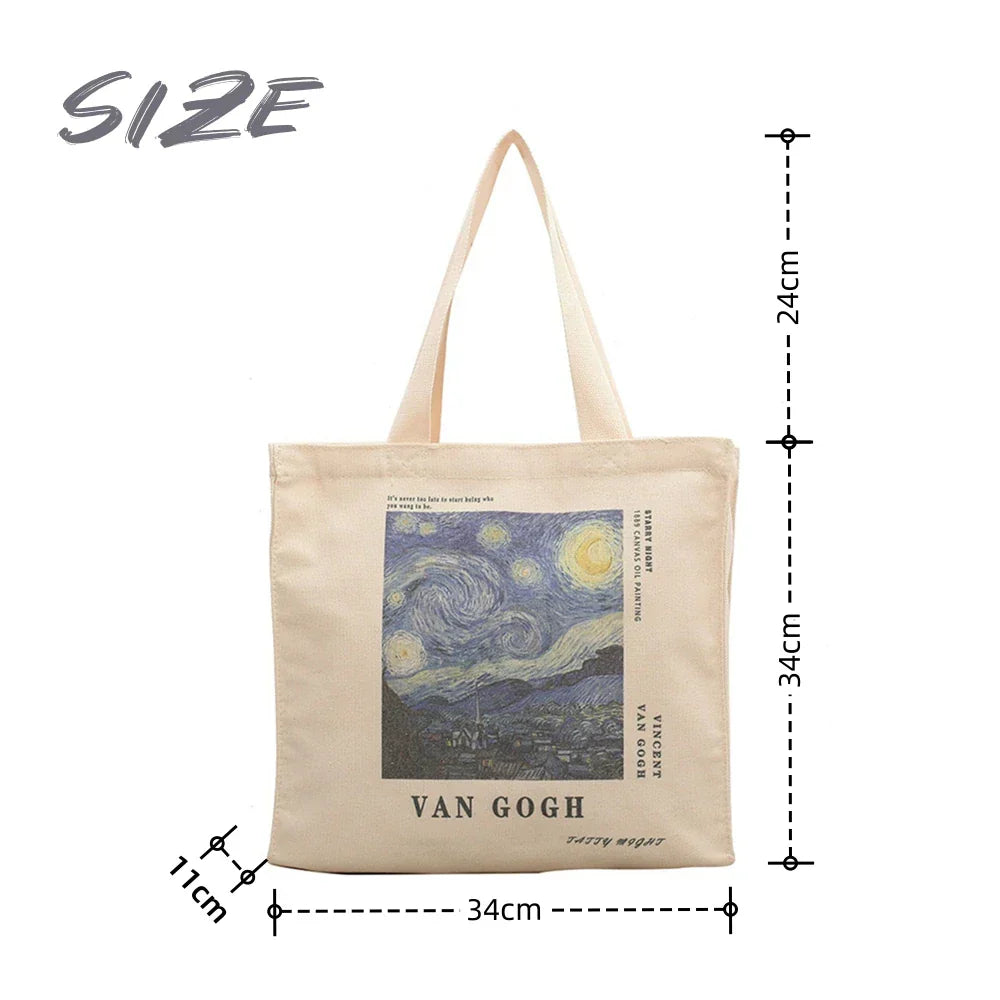 Retro Literary Art Canvas Bag Blue Letter Handbag Van Gogh Large Capacity Shopping Bag Women's Eco-Friendly Foldable Tote Bag