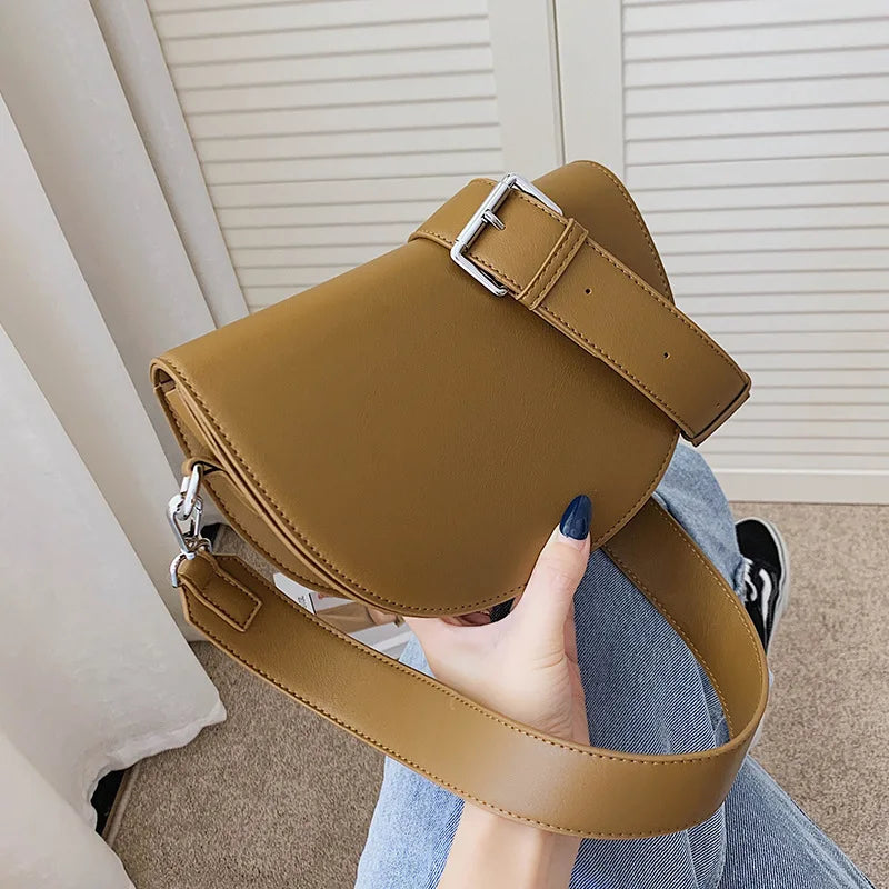 Retro Solid Color Saddle Bag High Quality Leather