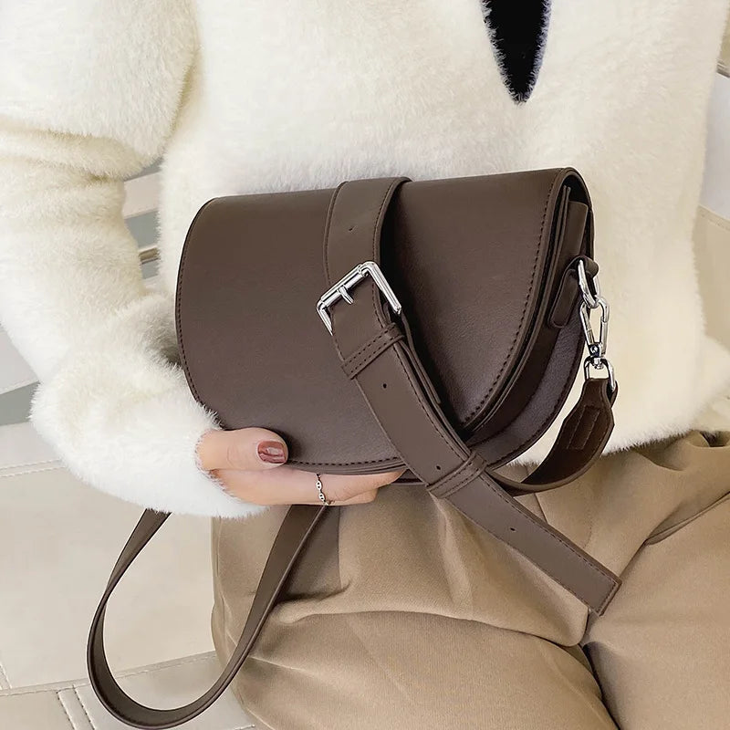 Retro Solid Color Saddle Bag High Quality Leather