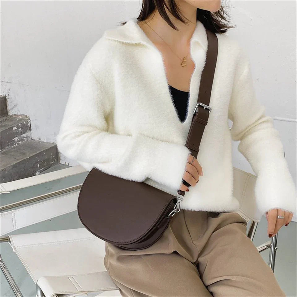 Retro Solid Color Saddle Bag High Quality Leather
