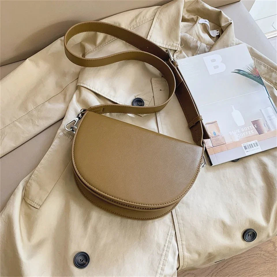 Retro Solid Color Saddle Bag High Quality Leather