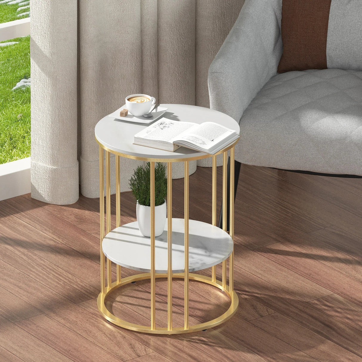 Round Marble Accent Table End 2 Tiers Storage