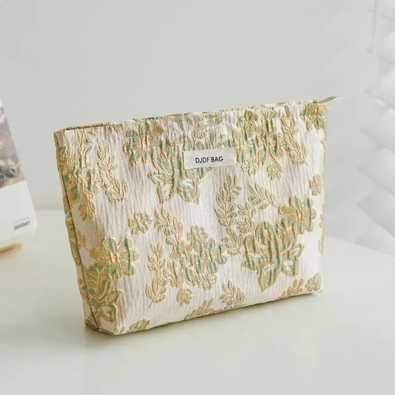 Women's Makeup Bag Green Gold Flowers Large Capacity