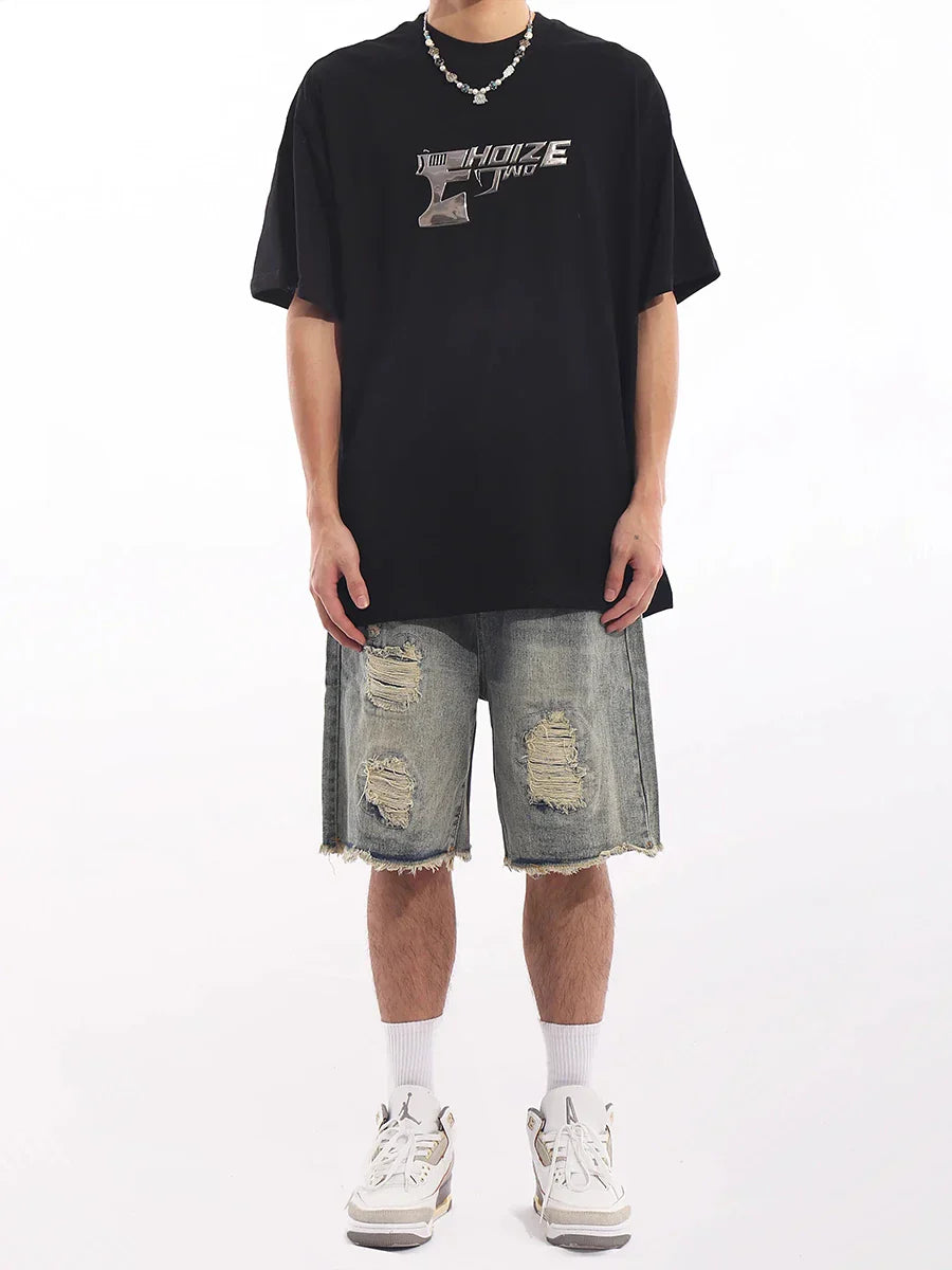 ReddaChic Vintage Wash Destroyed Denim Shorts Men Brushed