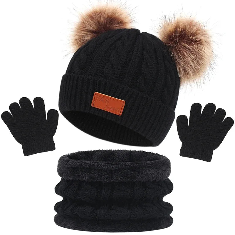 Baby Winter Hat Scarf Gloves Set Knitted Fur