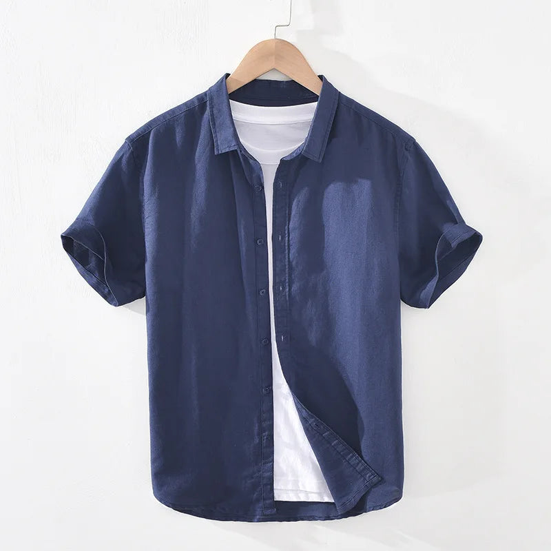 Summer Cotton Linen Short Sleeve Shirts Men Casual