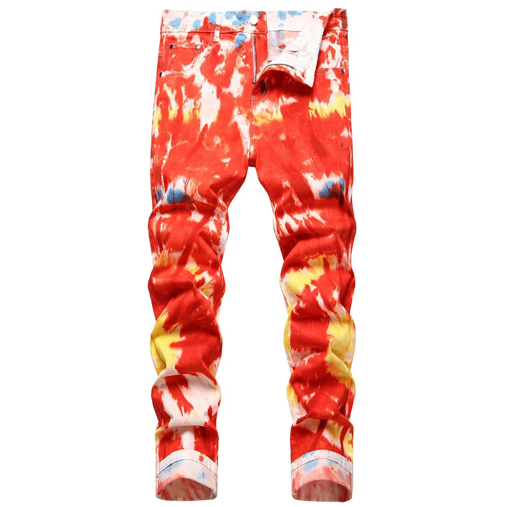 Men Tie Dye Stretch Denim Jeans Fashion Y2K
