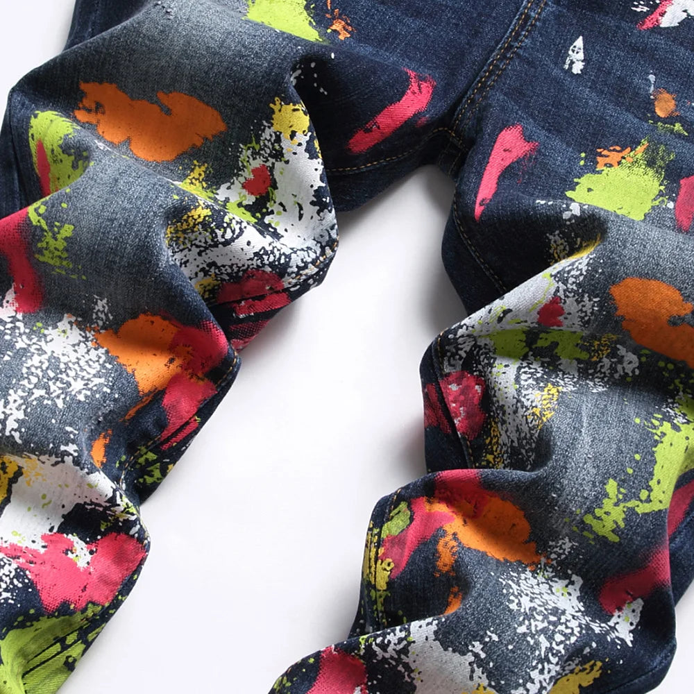 Men's Painted Stretch Denim Jeans Streetwear Colored Slim