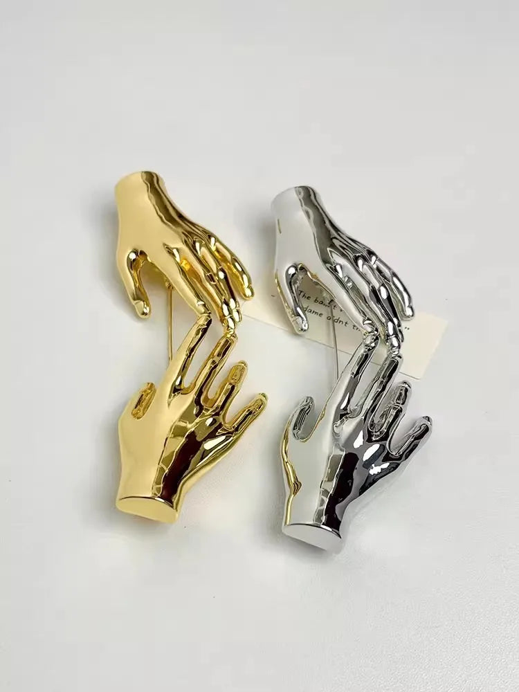 Vintage Metal Smooth Double Palm Handshaped Large Broochs