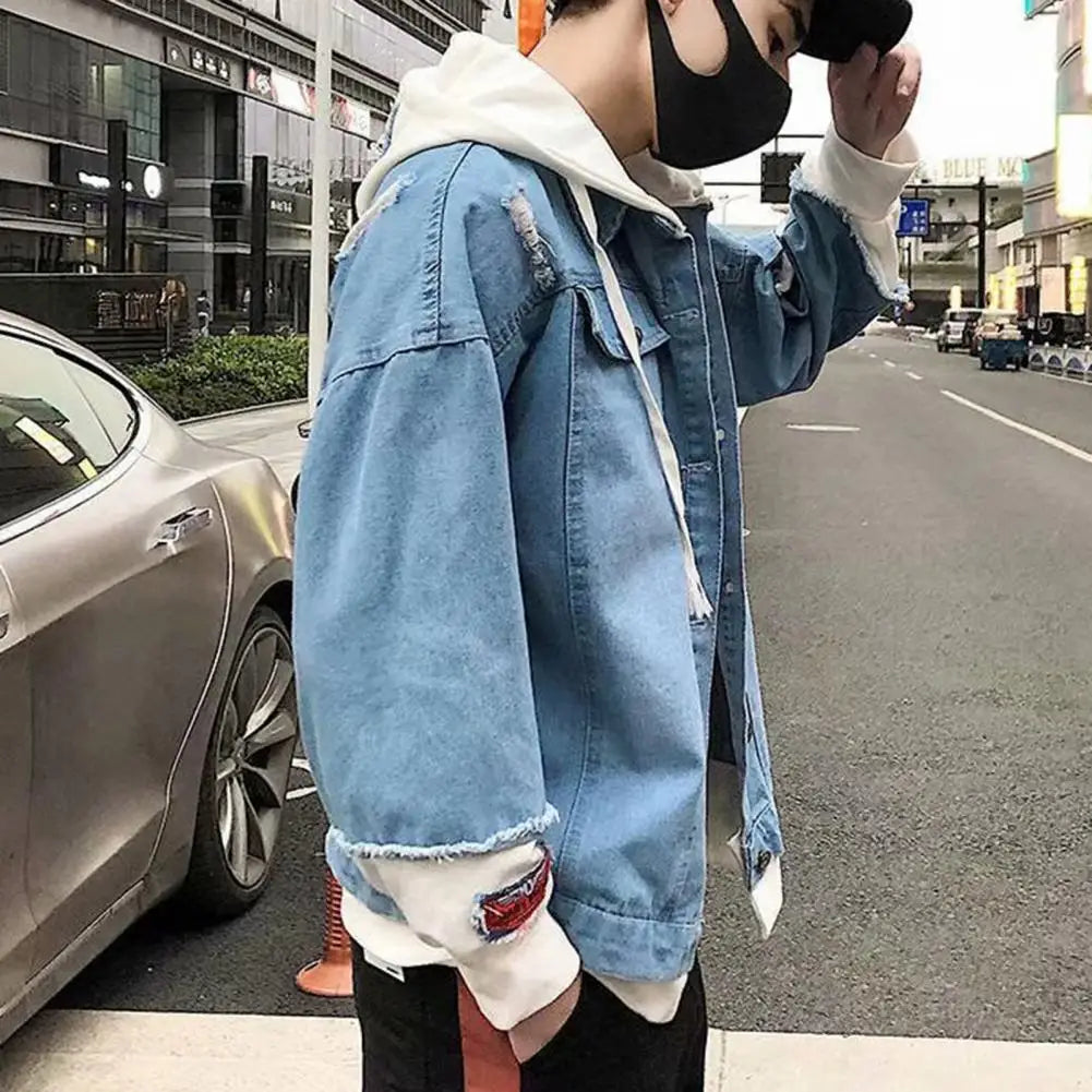 Men Light Blue Winter Jean Jackets Hooded Casual