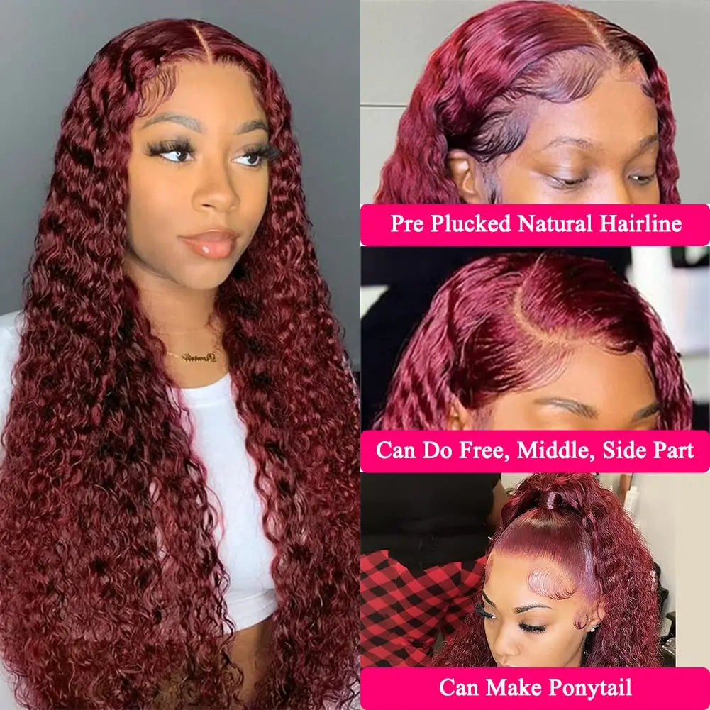 13x4 Transparent Deep Wave Lace Frontal Wig Burgundy