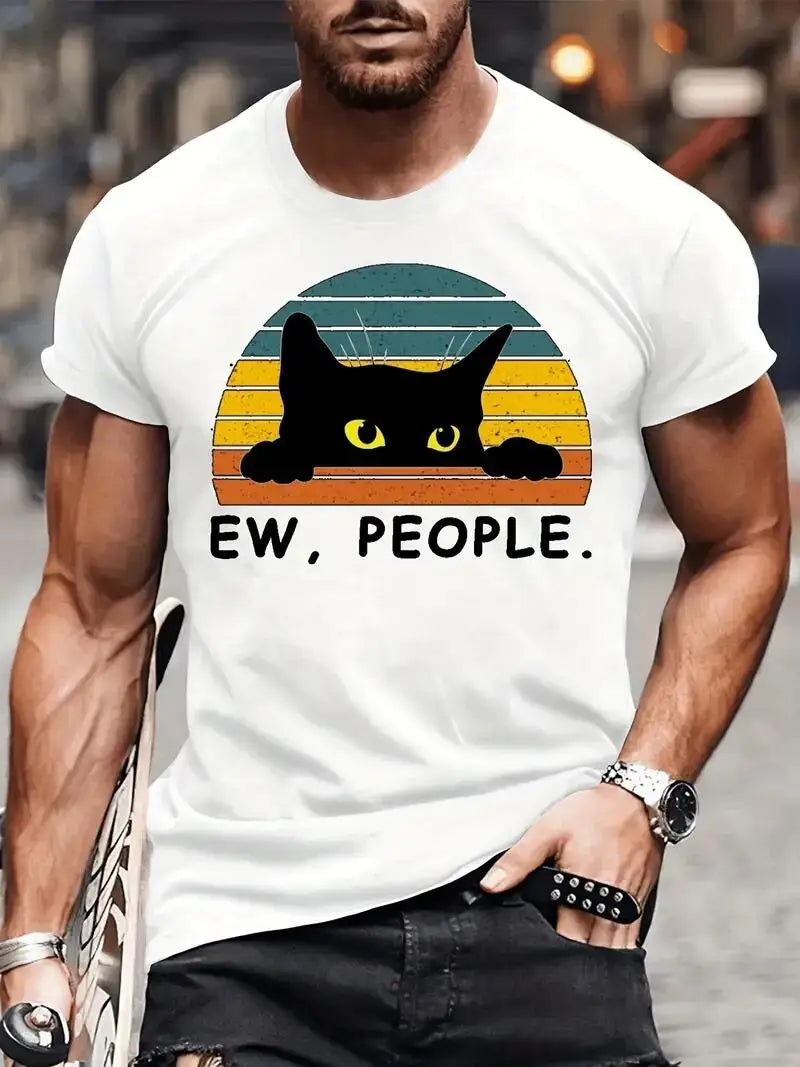 Men's Casual Fashion Black Cat Print Cotton T-shirt,