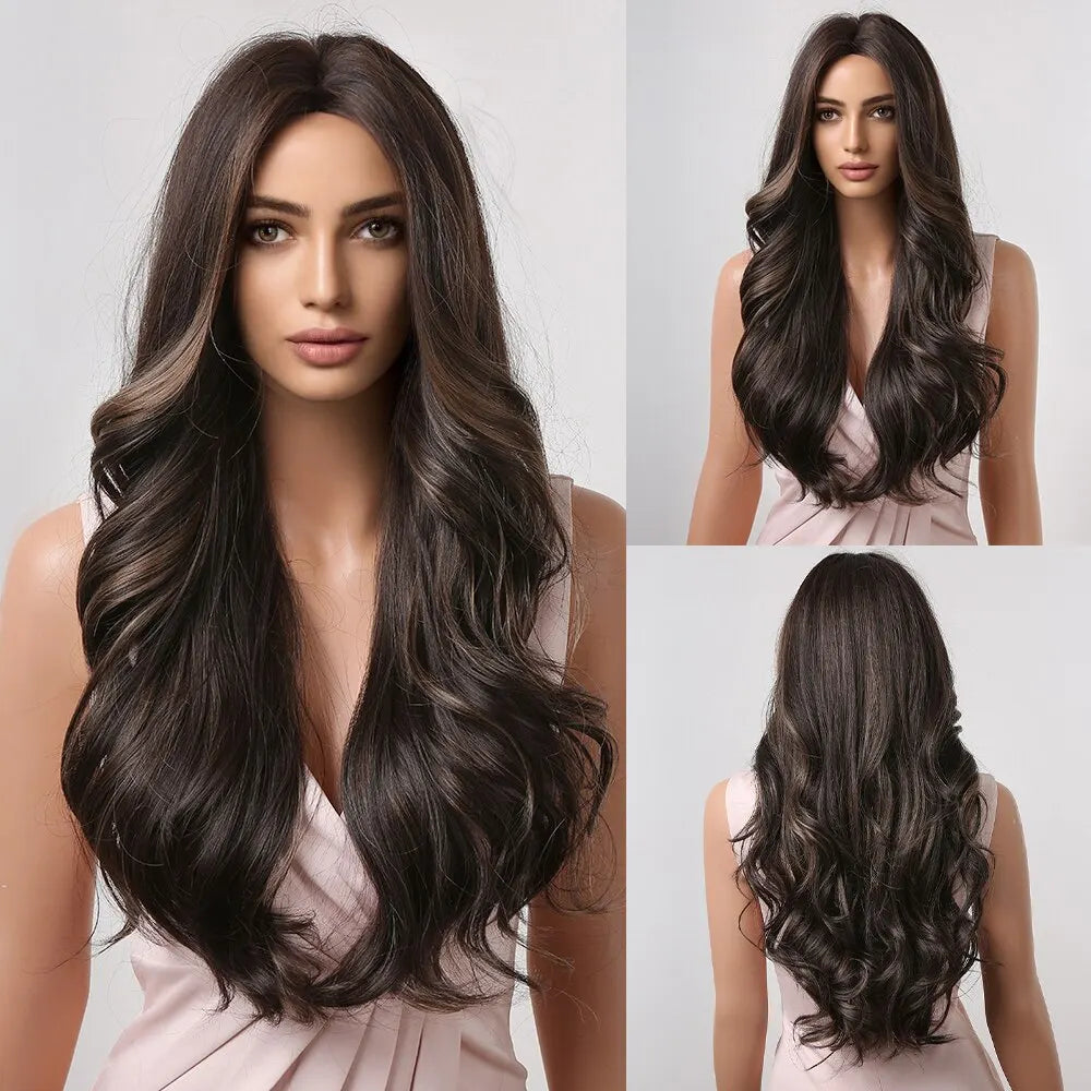 HAIRCUBE Long Brown Curly Wavy Wig for Women