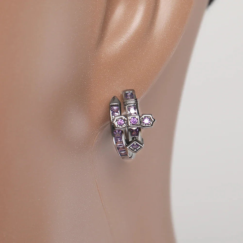 UWIN Curved Sword Hoop Earrings Iced Out Purple