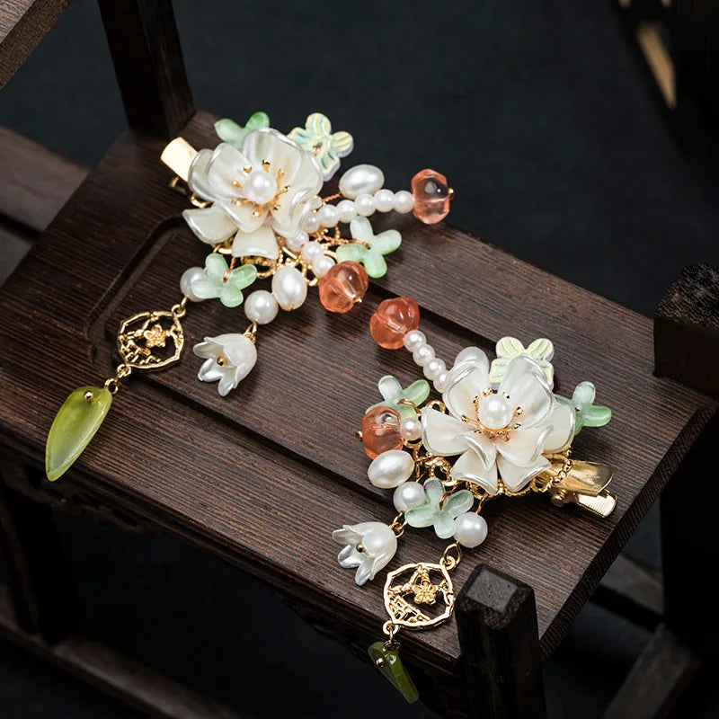 1pair Chinese Hanfu Hair Accessories Red Flower Hairpins